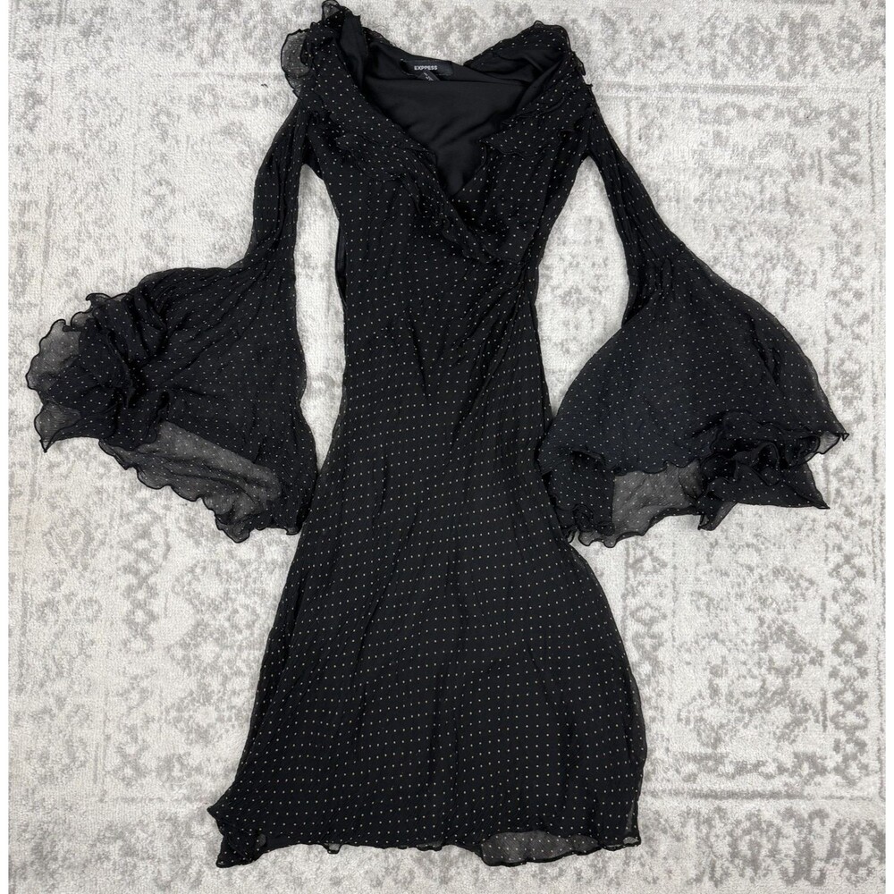 Vintage Y2K Express Black 100% Silk Emo Goth Lightweight Flare Arms Size 3/4
